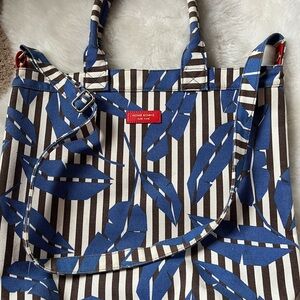 Henri Bendel Blue and Brown Striped Tote Bag- red accents